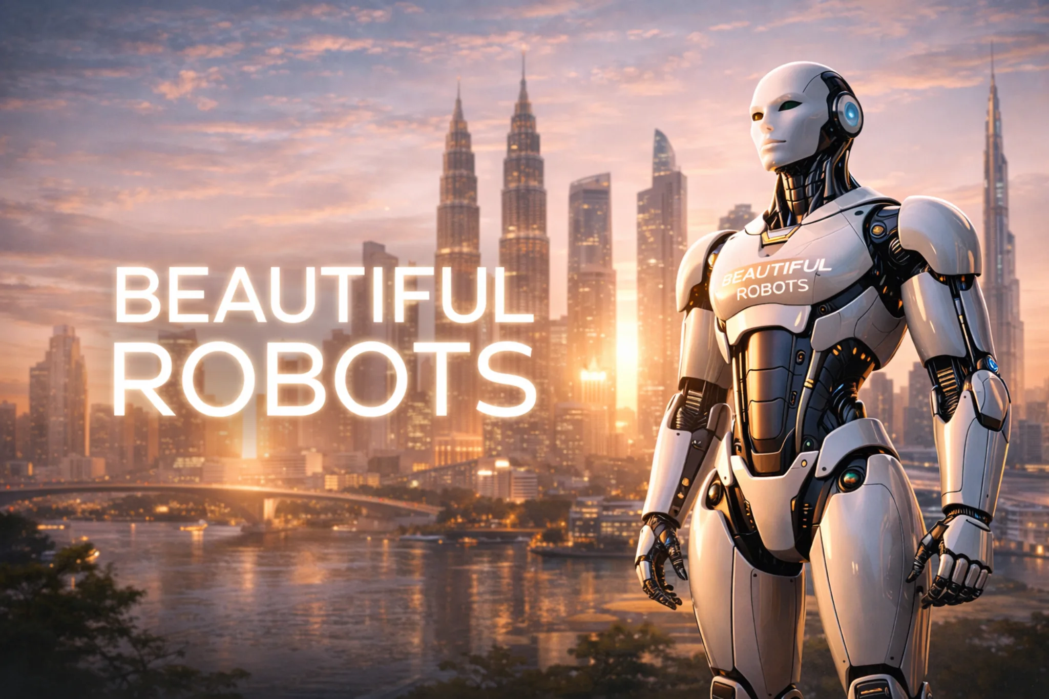 A beautiful humanoid robot overlooking a glowing futuristic skyline, symbolizing a name that defines the destination