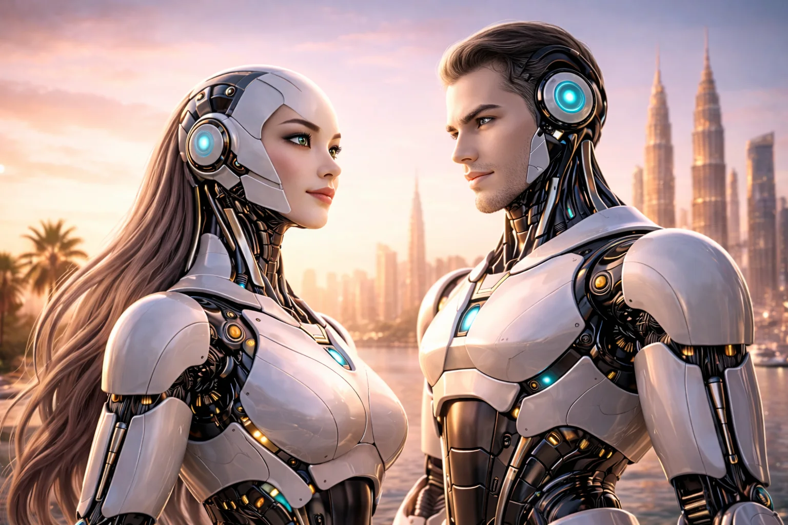 A futuristic female and male android looking at each other with Dubai in the background