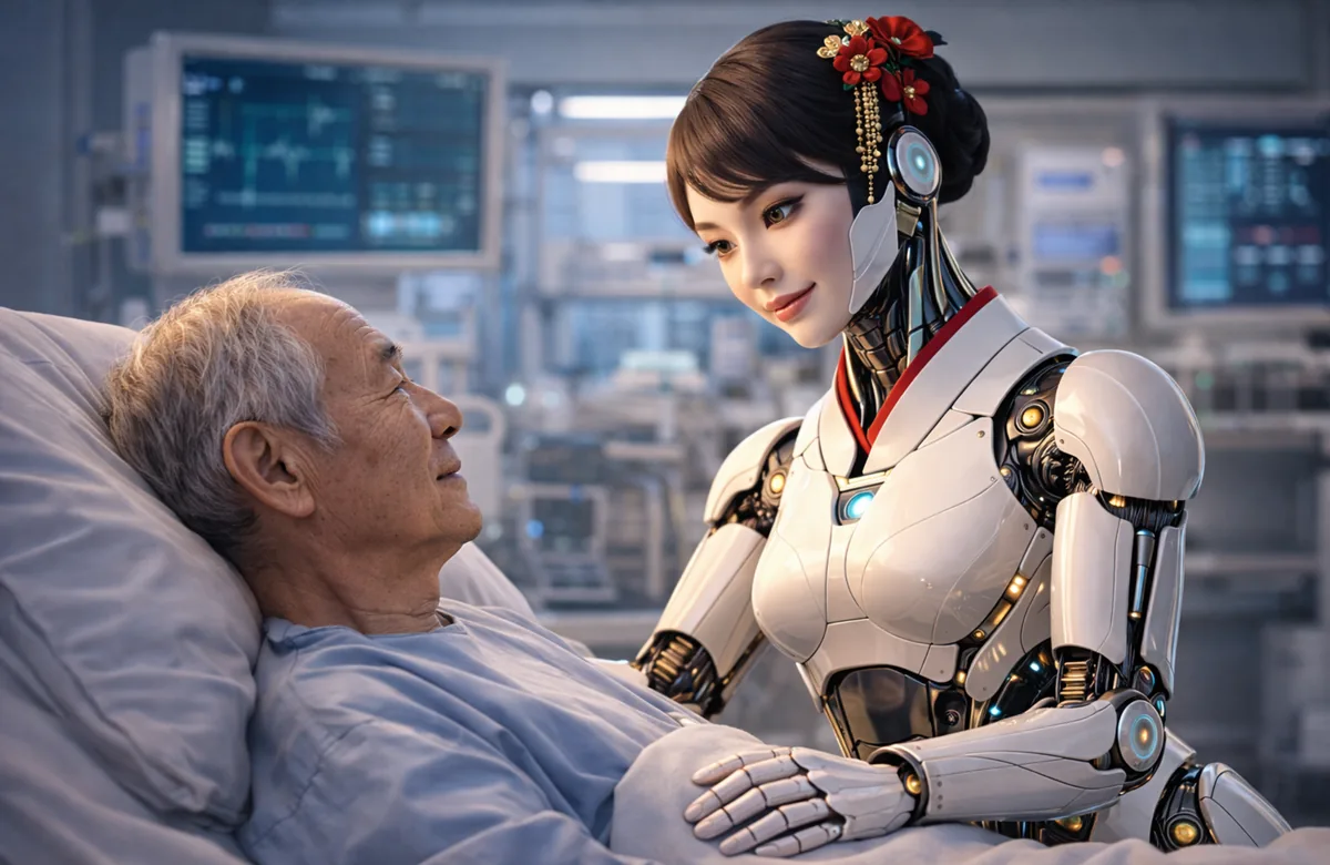 A futuristic female android taking care of an elderly man in the hospital