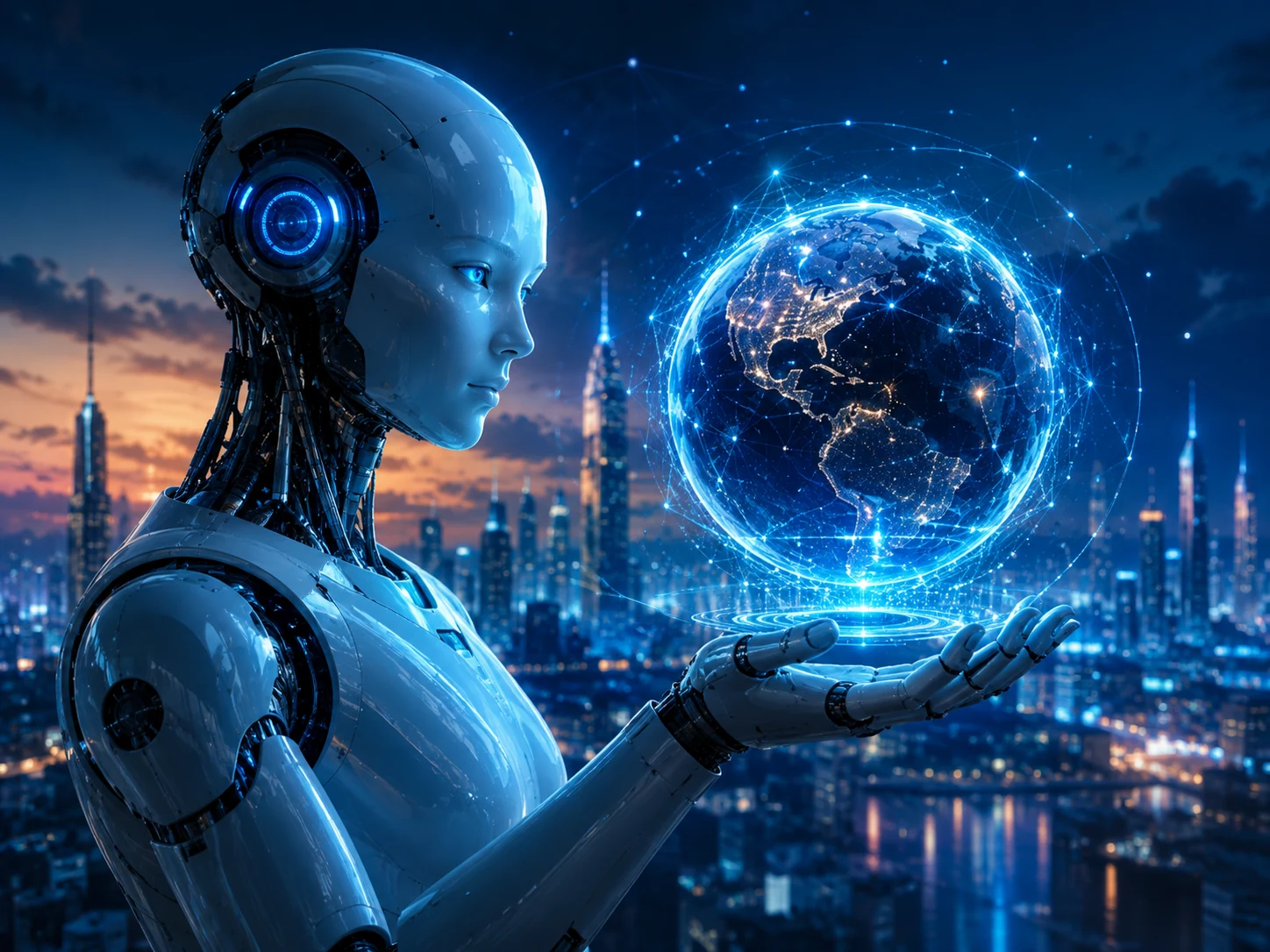 Global robotics opportunity with humanoid robots, connected Earth, futuristic cities and advanced automation